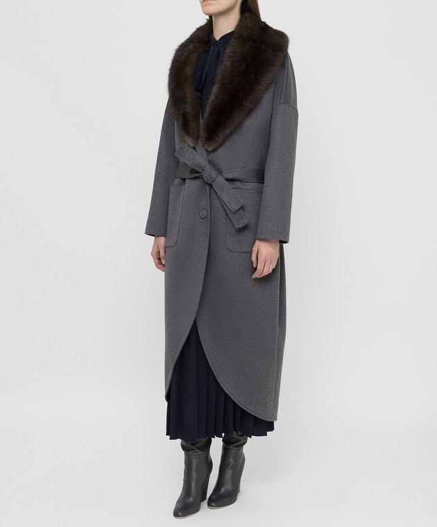 Real Furs House Серое пальто из кашемира с мехом соболя GT02 изображение 3