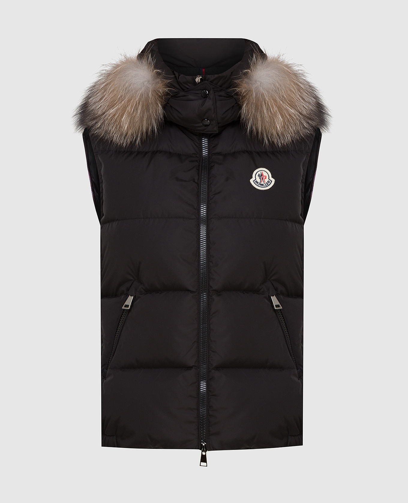 

Черный пуховой жилет с мехом лисы Moncler, Жилеты