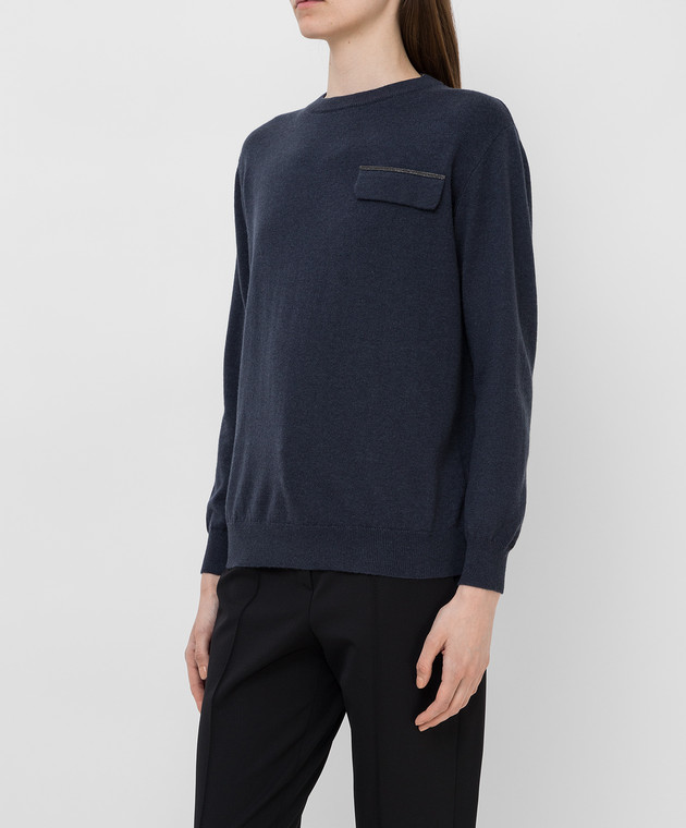 Brunello Cucinelli Темно-синий джемпер из кашемира с нашитыми цепочками M12170400P изображение 3