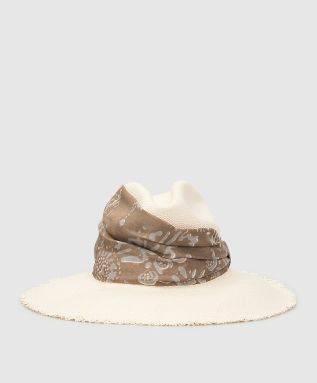 Brunello Cucinelli Светло-бежевая соломенная шляпа с шелковой лентой в узор MCAP90117