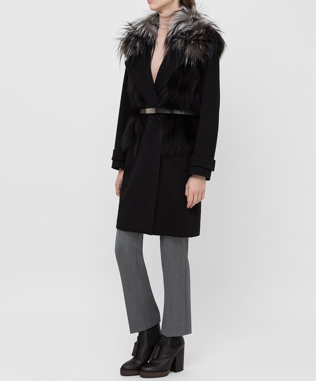 Giuliana Teso Черное пальто из шерсти и кашемира с мехом лисы 64C6060 изображение 3