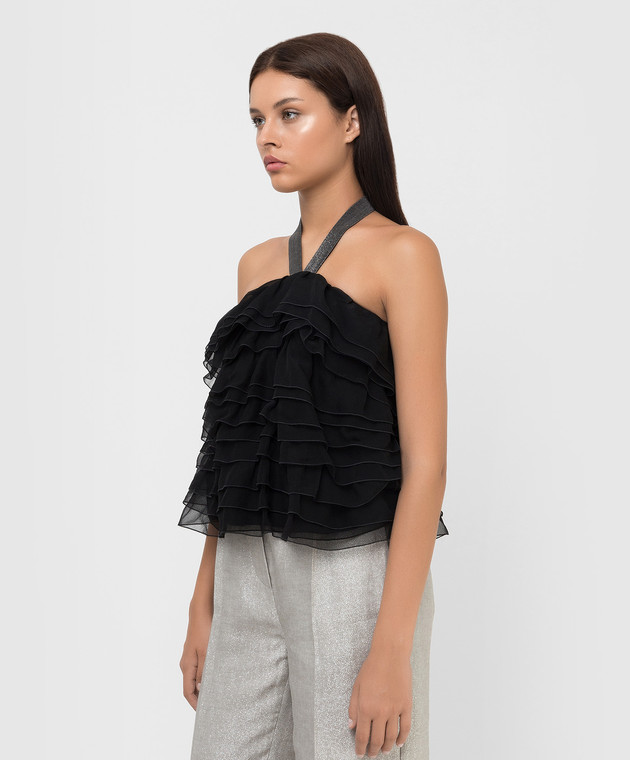 Brunello Cucinelli Black silk top with frills and chains MF940DL700 image 3