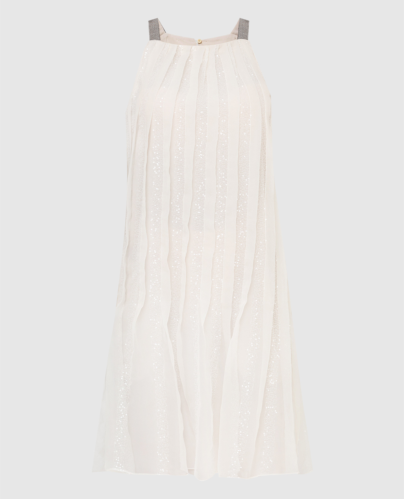 Светло-бежевое шелковое платье с пайетками и цепочками
