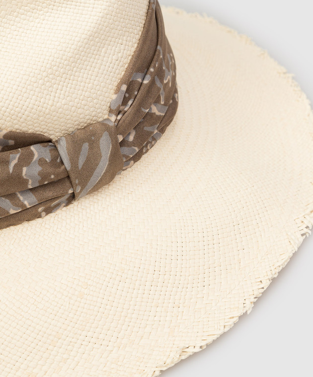 Brunello Cucinelli Светло-бежевая соломенная шляпа с шелковой лентой в узор MCAP90117 изображение 4