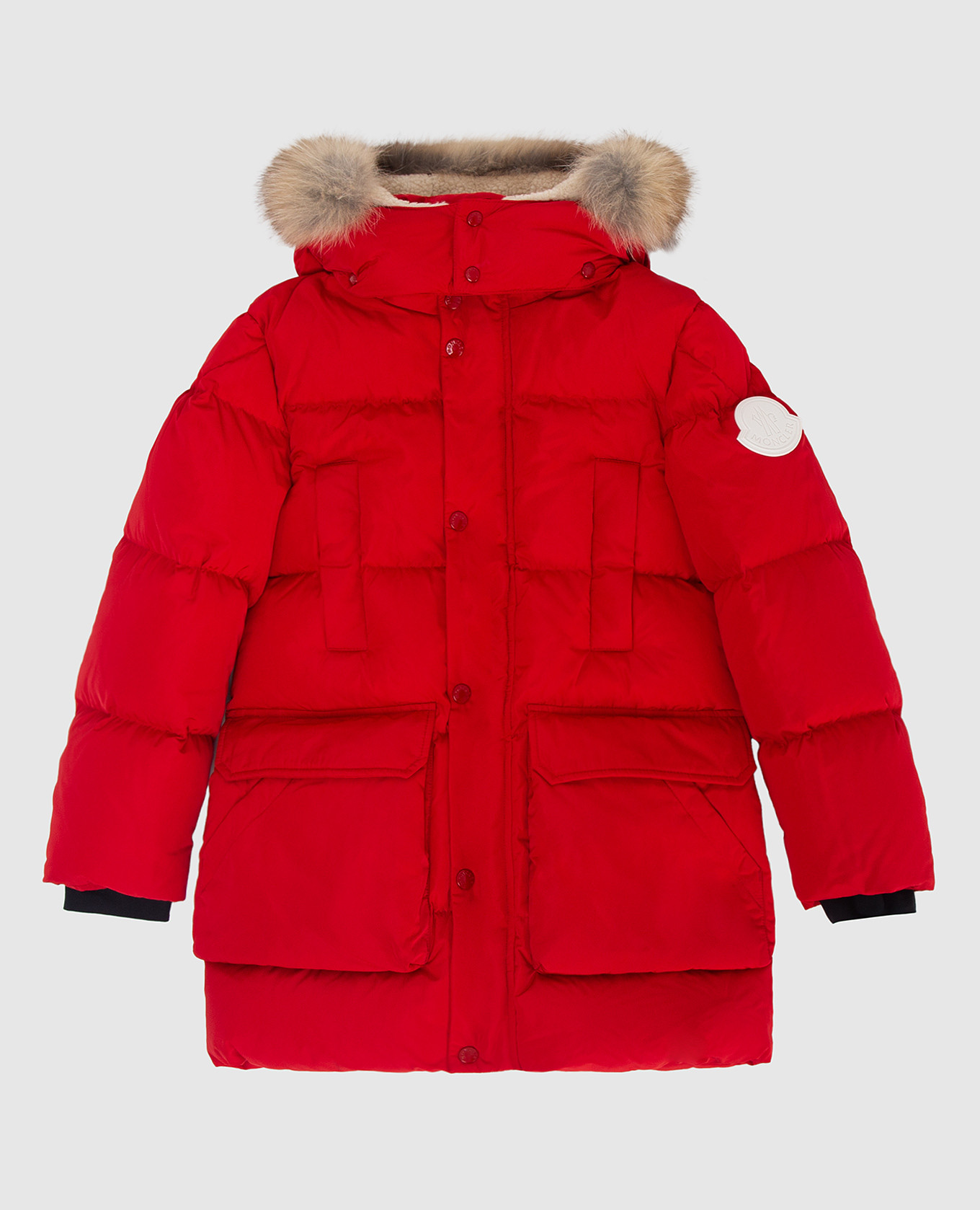 

Детский красный пуховик с мехом лисы Moncler ENFANT, Пуховики