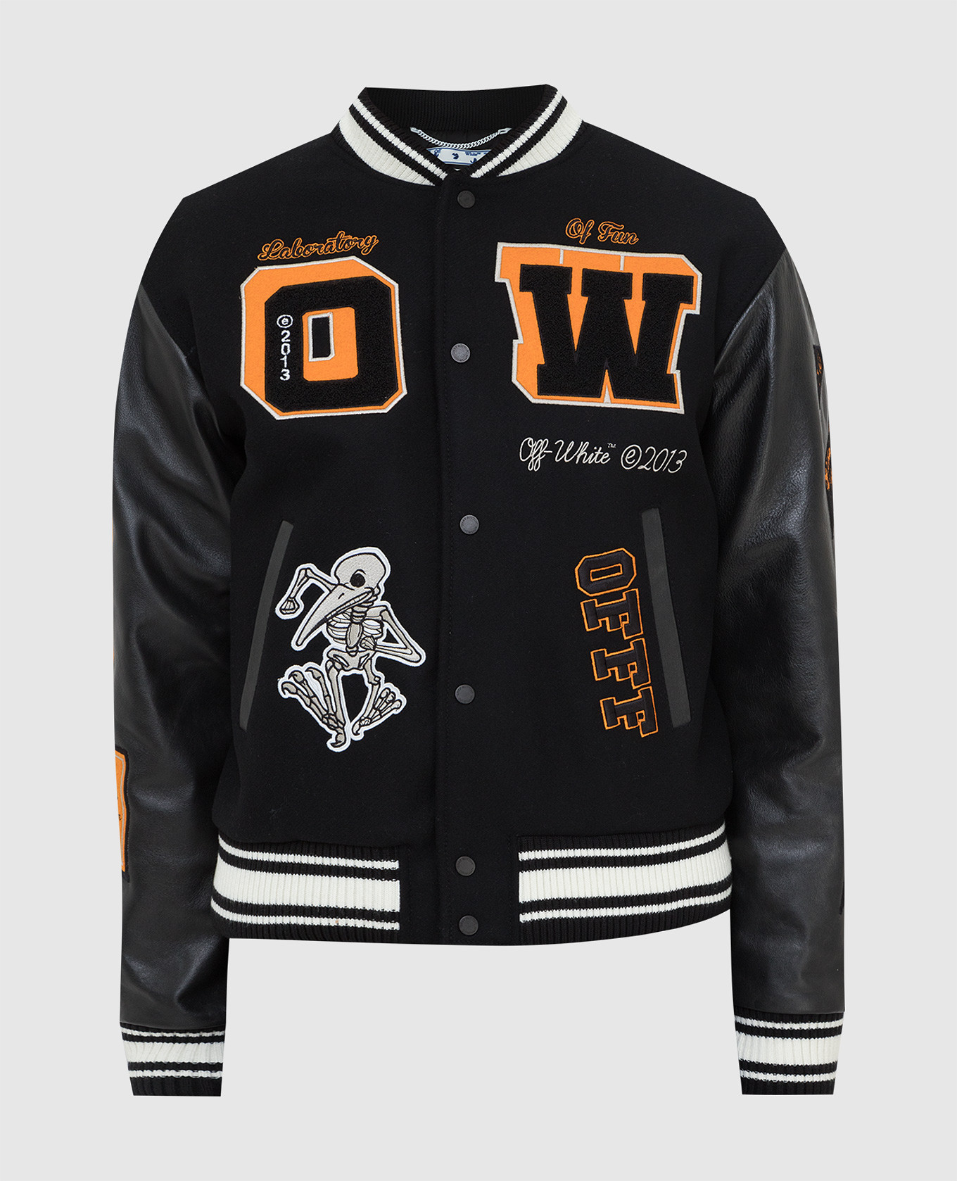 

Бомбер из кожи и шерсти с нашивками Off-White, Черный, Бомберы