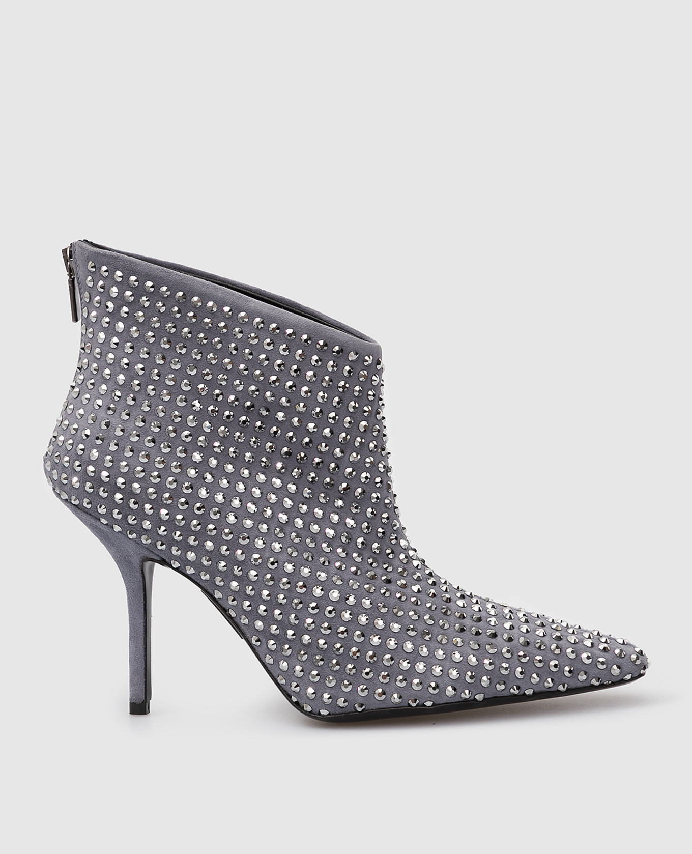 Gray suede ankle boots in Swarovski crystals
