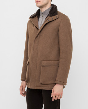 Loro Piana Бежевое пальто из кашемира с мехом нутрии FAL3157