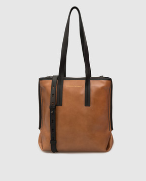 Brunello Cucinelli Світло-коричнева шкіряна сумка-тоут з логотипом MBTXD2142