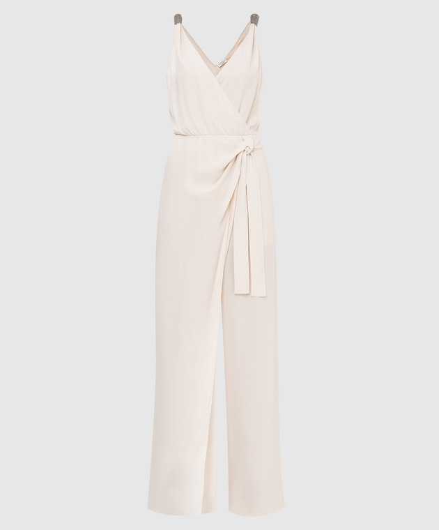 Brunello Cucinelli Light beige silk jumpsuit with slit and chains MF906BO799