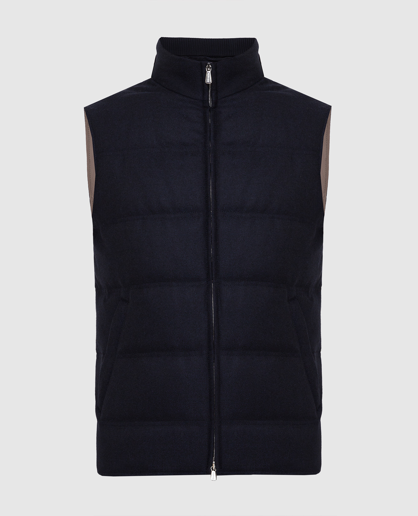 

Темно-синий пуховый жилет из шерсти и кашемира с кожаной вставкой, Тёмно-синий, Жилеты