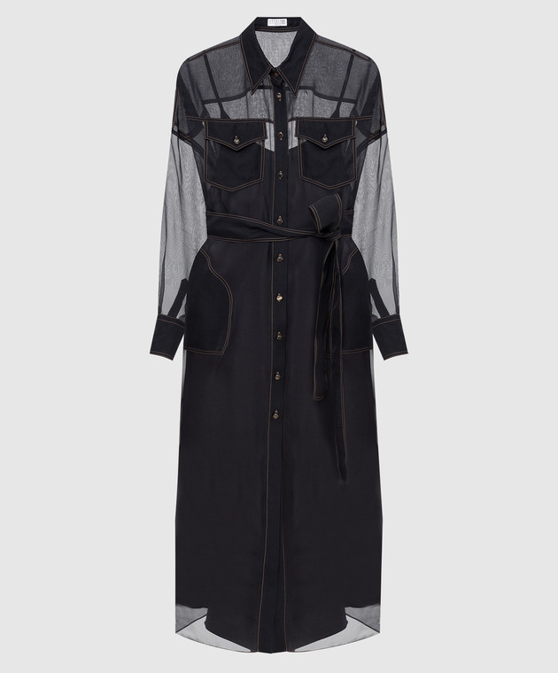 Brunello Cucinelli Графітове шовкове плаття-сорочка з розрізами MF940ANV41