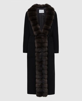 Real Furs House Черное пальто из кашемира с мехом соболя GT01