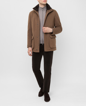 Loro Piana Бежевое пальто из кашемира с мехом нутрии FAL3157