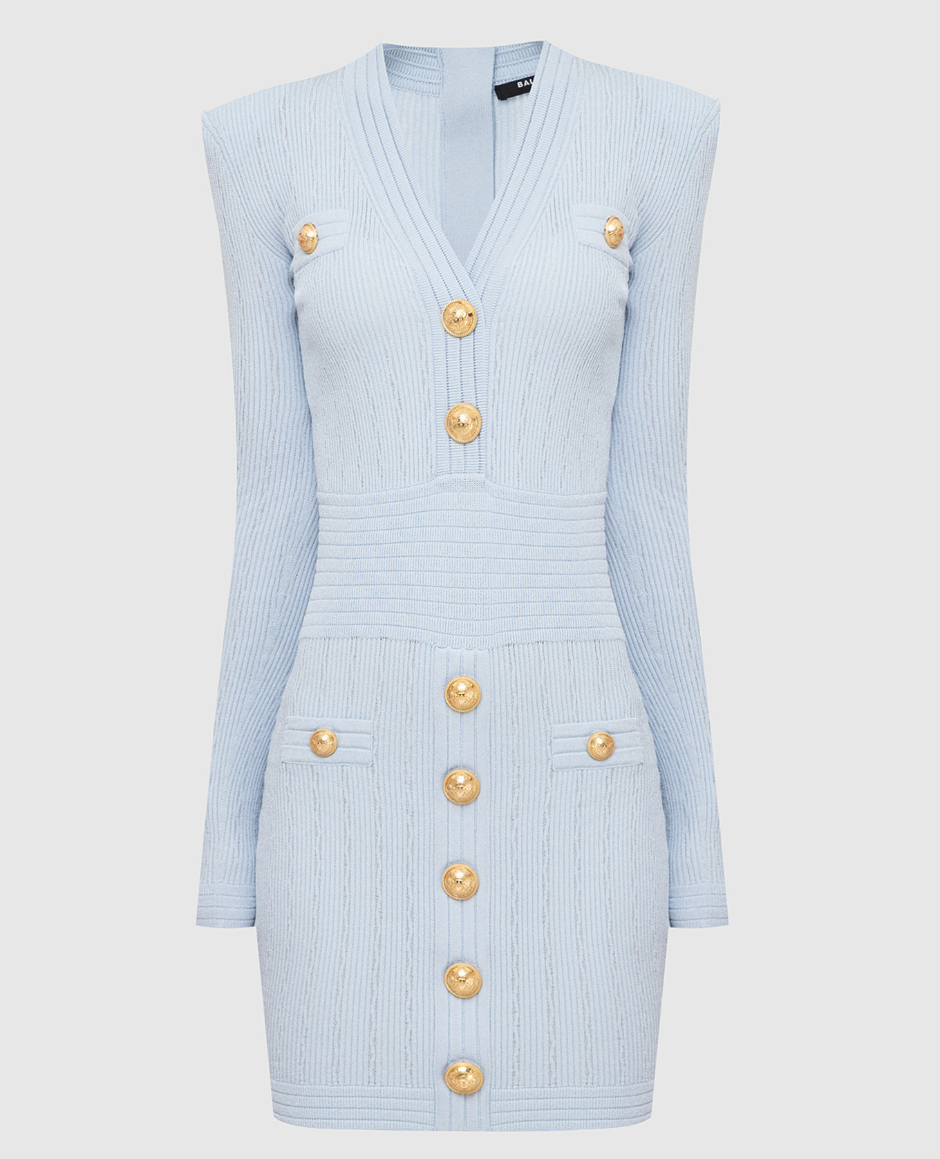 

Платье в рубчик с акцентными плечами и заклепками Balmain, Голубой, Платья Мини