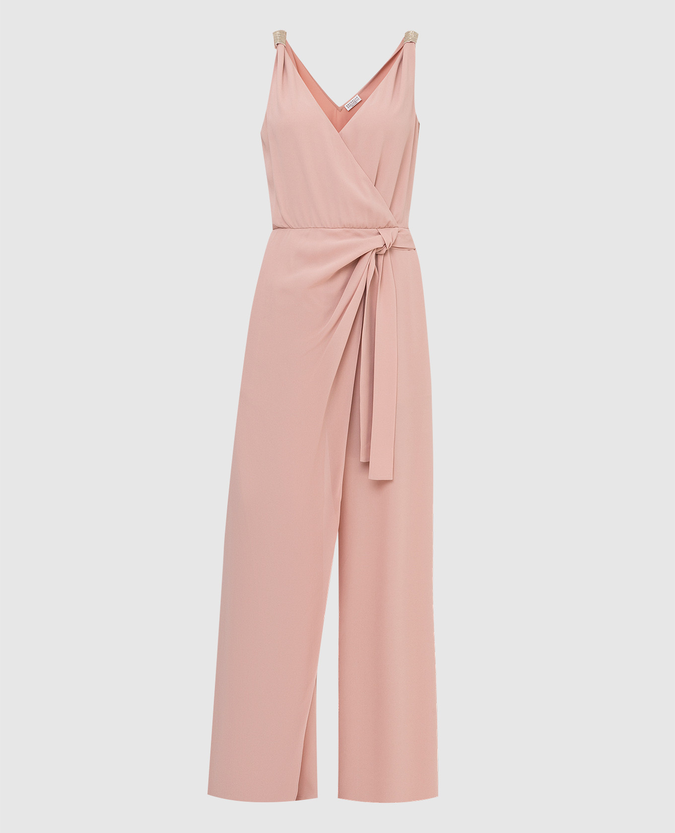 Powdery silk jumpsuit with slit and chains