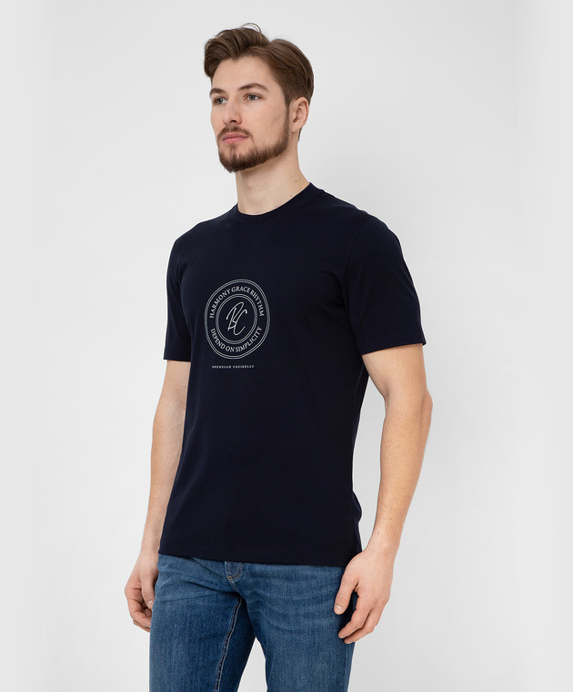Brunello Cucinelli Темно-синяя футболка с принтом логотипа M0T618430 изображение 3