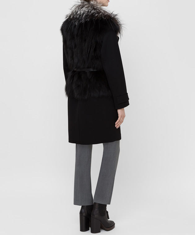 Giuliana Teso Черное пальто из шерсти и кашемира с мехом лисы 64C6060 изображение 4