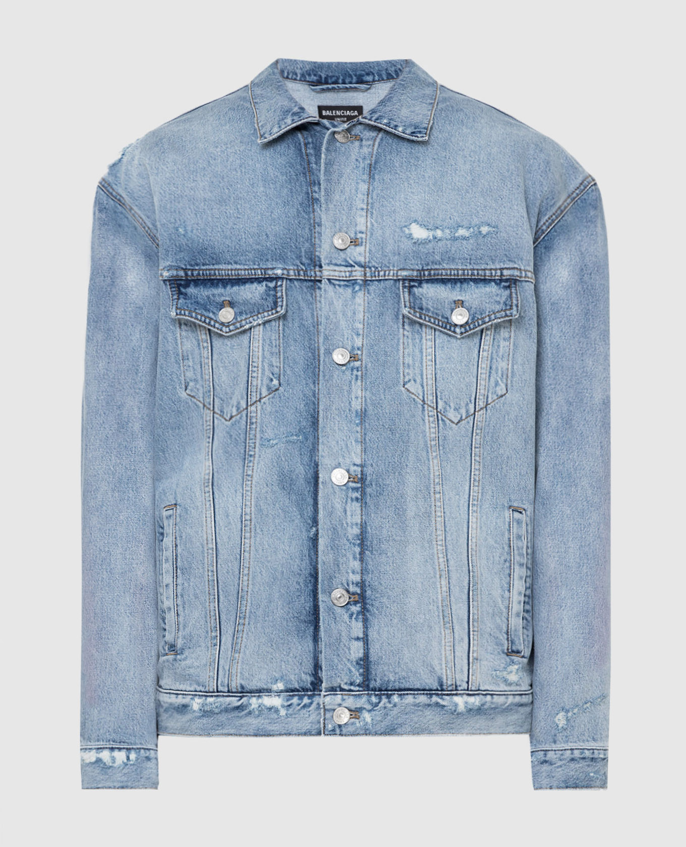 

Джинсовая куртка с прорехами и вышивкой 'Barcode Balenciaga', Голубой, Джинсовые куртки