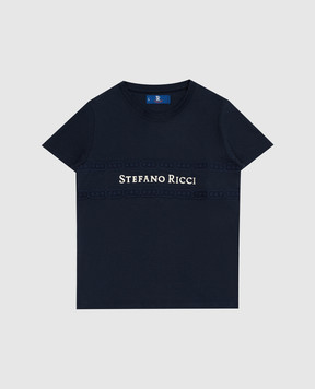 Stefano Ricci Детская темно-синяя футболка с логотипом и вышивкой YNH1100370803