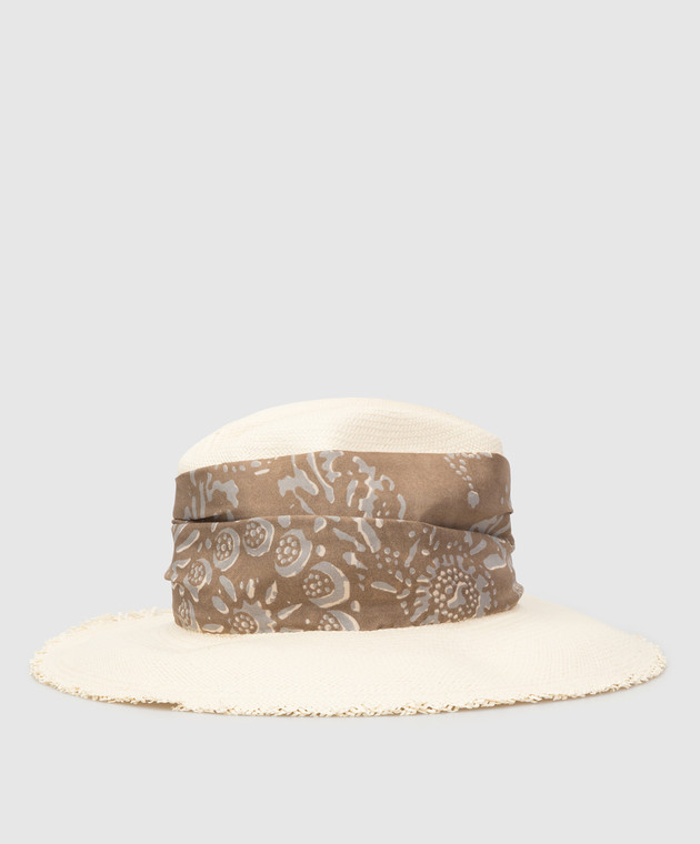 Brunello Cucinelli Светло-бежевая соломенная шляпа с шелковой лентой в узор MCAP90117 изображение 3