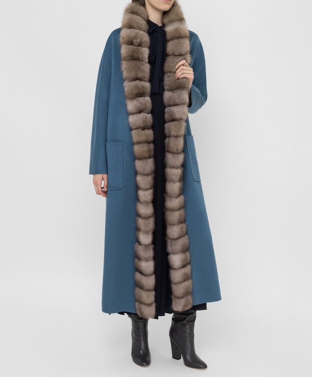 Real Furs House Синє пальто з кашеміру з хутром соболя GT01lLIGHTBLUE зображення 2